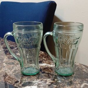 Lot of 2 Vintage Libbey Georgia Green Coca-Cola Heavy Glass Mugs with Handles